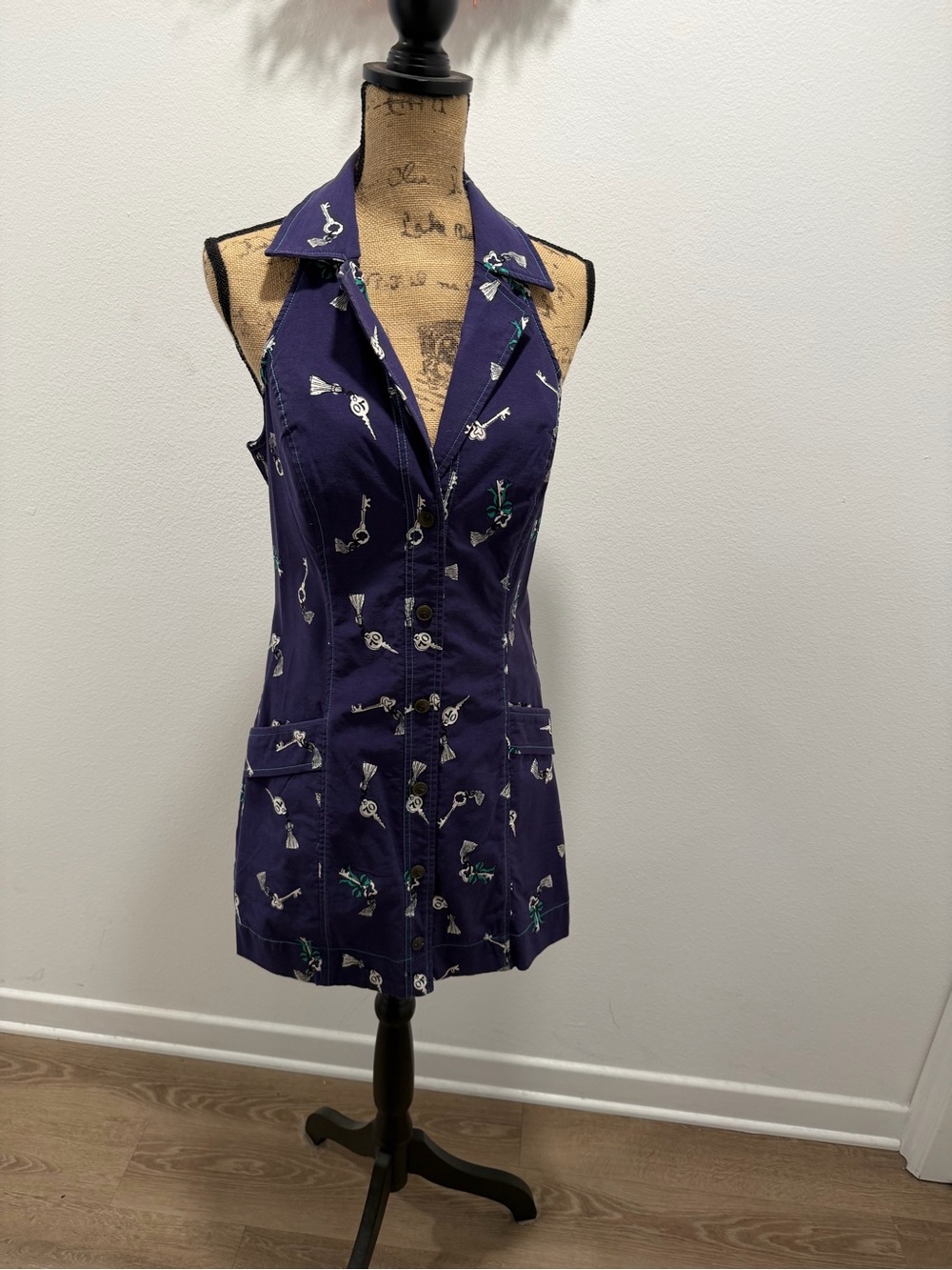 Anthropologie Sleeveless Navy Embroidered Shirt Dress